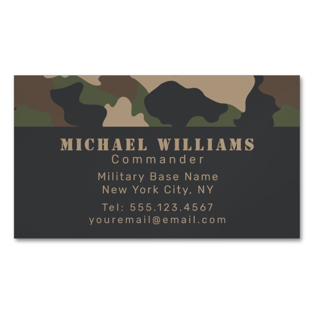 Woodland Camouflage Military Camo Khaki Tan Black Business Card Magnet (Front)