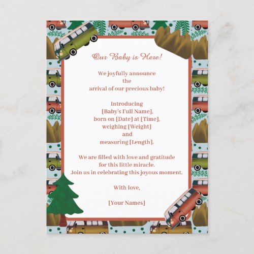 Woodland Camper Baby Boy  Announcement Postcard