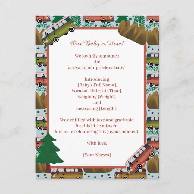 Woodland Camper Baby Boy  Announcement Postcard (Front)