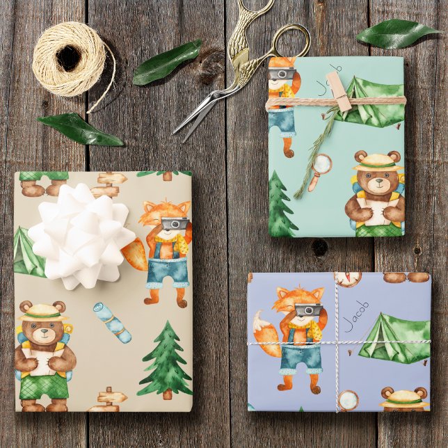 Woodland Camping Animals Kid Watercolor Pattern Wrapping Paper Sheets