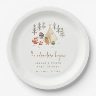 Woodland Camping The Adventure Begins Baby Shower Paper Plates