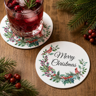 Woodland Cardinal Christmas Round Paper Coaster