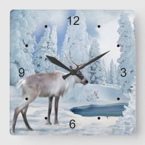 Woodland Caribou and Wolf Faux Painting Childrens Square Wall Clock