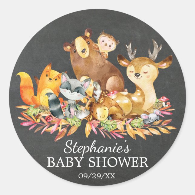 Woodland Chalkboard Baby Shower Favor Sticker (Front)