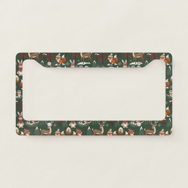 Woodland Christmas Animals Pattern –Cute Winter 10 License Plate Frame (Front)