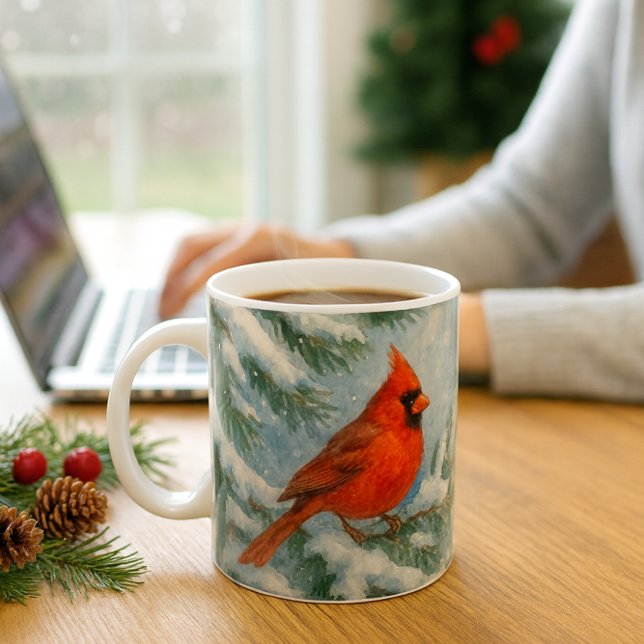 Woodland Christmas Cardinal Bird Mug (Cardinal Christmas mug—festive, cozy, and perfect for snowy mornings or office gift giving.)