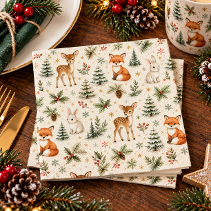 Woodland Christmas Deer Fox Bunny Watercolor Paper Dinner Napkins