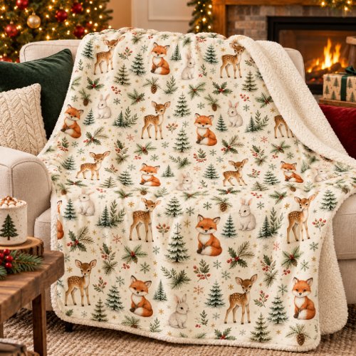 Woodland Christmas Deer Fox Bunny Watercolor Sherp Sherpa Blanket