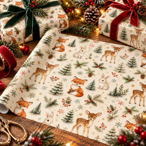 Woodland Christmas Deer Fox Bunny Watercolor Wrapp Wrapping Paper