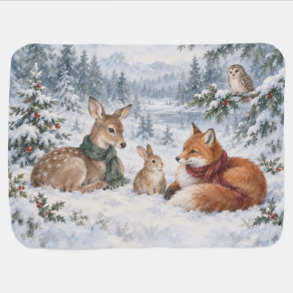 Woodland Christmas Deer Fox Rabbit & Owl Baby Blanket