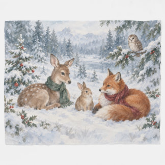 Woodland Christmas Deer Fox Rabbit & Owl Fleece Blanket