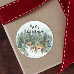 Woodland Christmas Deer Watercolor Classic Round Sticker