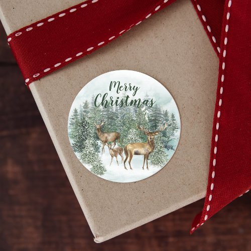 Woodland Christmas Deer Watercolor Classic Round Sticker