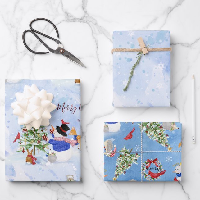 Woodland Christmas Snowman Cardinal Deer Snowflake Wrapping Paper Sheets (Front)
