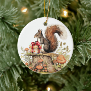 Woodland Christmas squirrel add text watercolor Ceramic Ornament