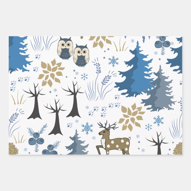 Woodland Christmas Trees and Animals  Wrapping Paper Sheets (Front)