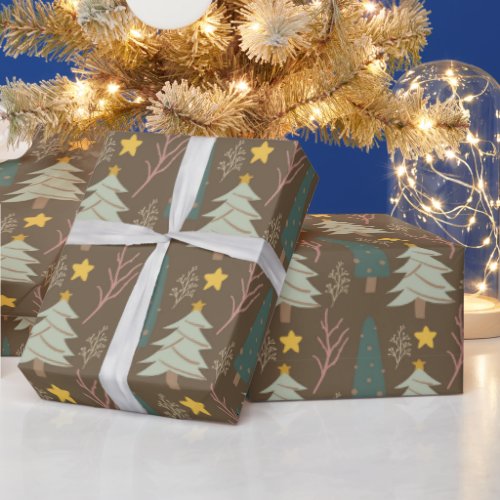 Woodland Christmas Trees Earth Tones Pattern Wrapping Paper