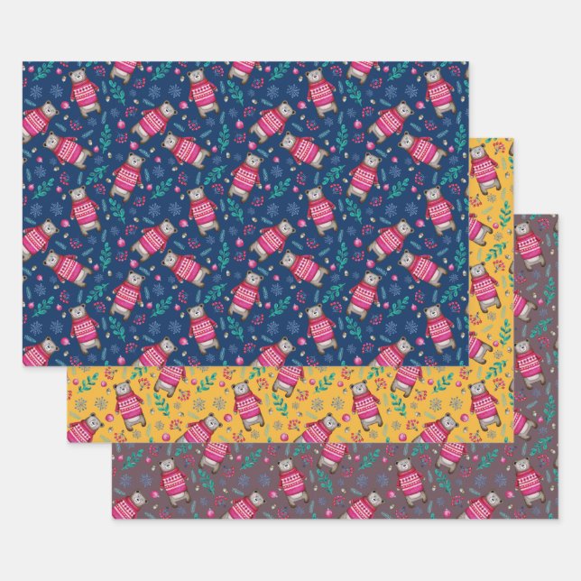 Woodland Christmas Winter Cute Forest Bear Wrapping Paper Sheets (Set)