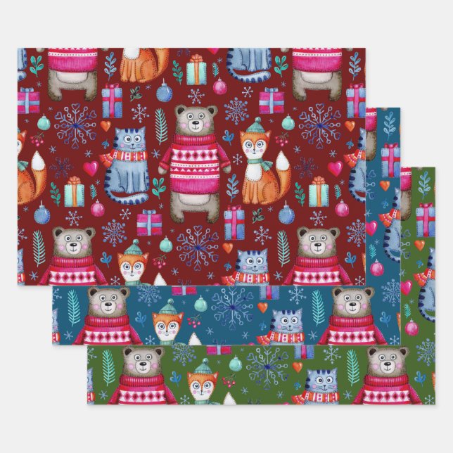 Woodland Christmas Winter Forest Bear Cat Fox Wrapping Paper Sheets (Set)