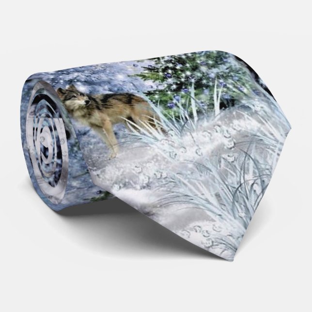 Woodland Christmas with Wolves Blue Mens Neck Tie (Rolled)