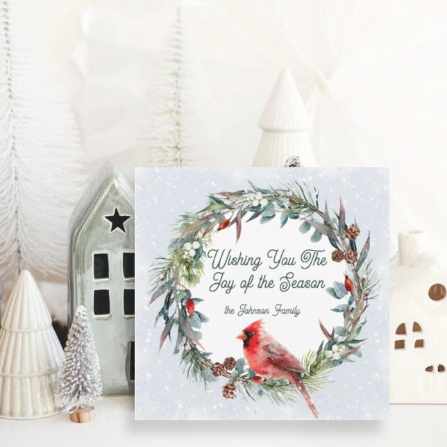 Woodland Christmas Wreath, Cardinal, Snowflakes Holiday Card (Creator Uploaded)