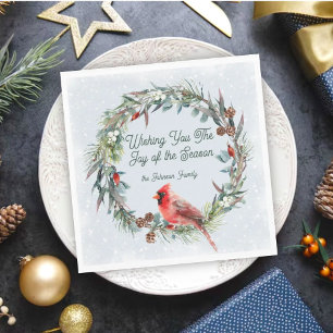 Woodland Christmas Wreath, Cardinal, Snowflakes Napkins