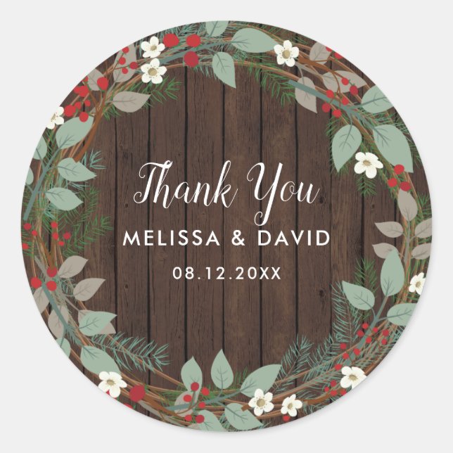 Woodland Christmas Wreath Thank You Stickers (Front)