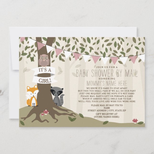 Woodland Creature Social Distance Pink Baby Shower Invitation (Front)