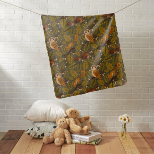 Woodland Creatures and Leaves Pattern Baby Blanket
