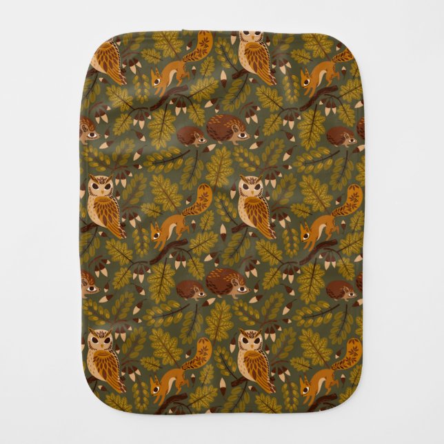 Woodland Creatures and Leaves Pattern Baby Burp Cloth (Front)