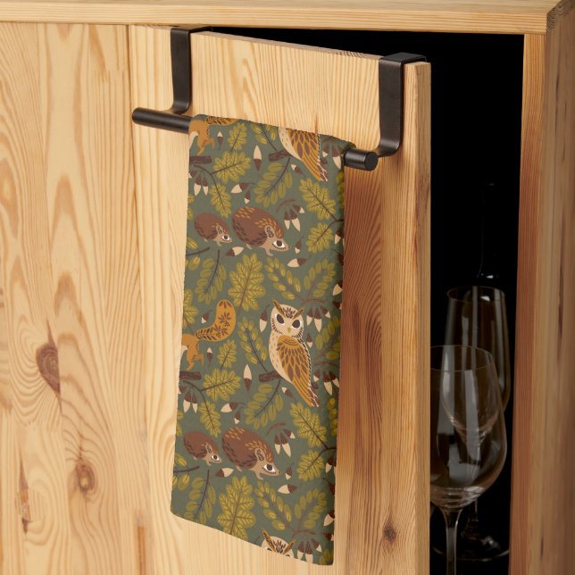 Woodland Creatures and Leaves Pattern Kitchen Towel (Thirds Fold)