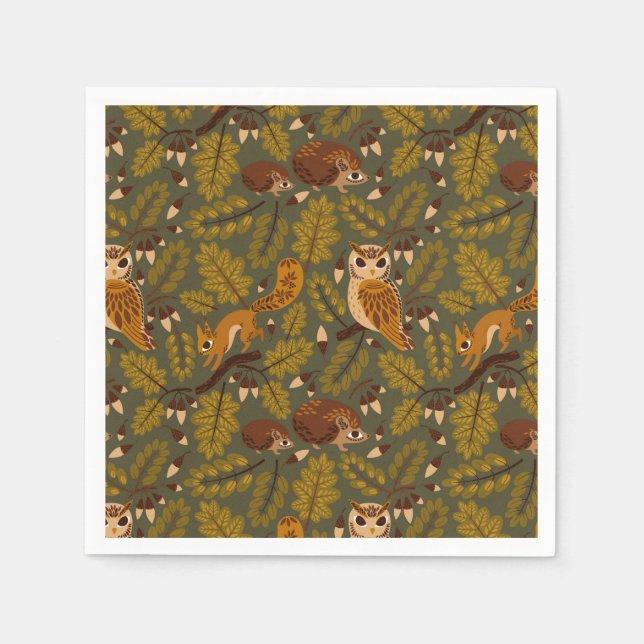 Woodland Creatures and Leaves Pattern Napkins (Front)