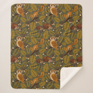 Woodland Creatures and Leaves Pattern Sherpa Blanket