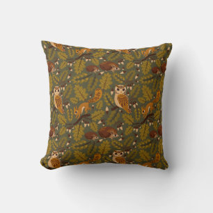 Woodland Creatures and Leaves Pattern Throw Pillow