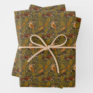 Woodland Creatures and Leaves Pattern Wrapping Paper Sheets