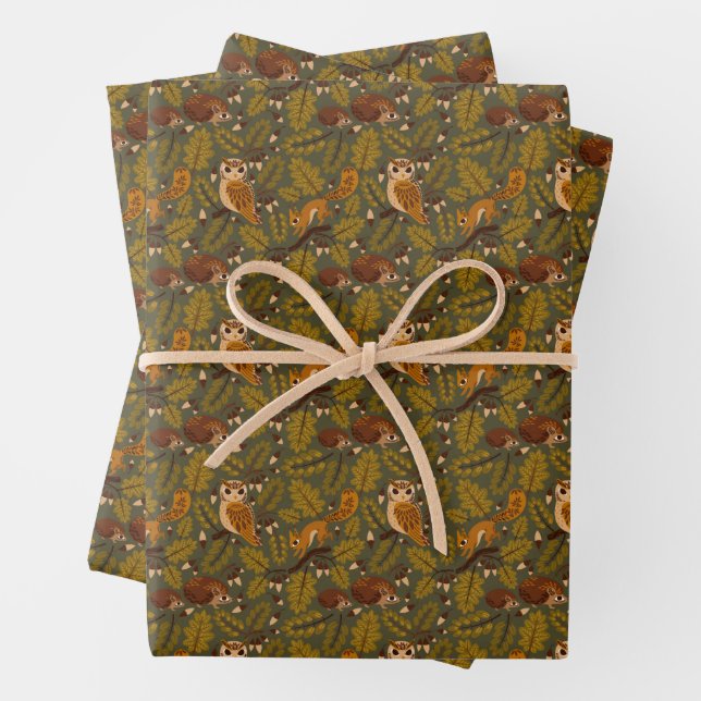 Woodland Creatures and Leaves Pattern Wrapping Paper Sheets (In situ)