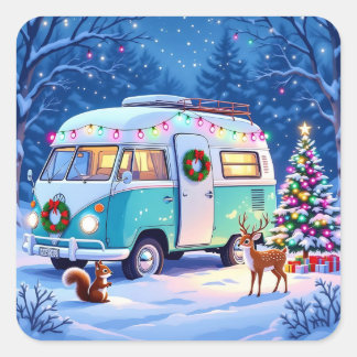 Woodland Creatures and Retro RV Camper Square Sticker