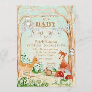Woodland Creatures Animals Deer Fox Rabbit Owl Art Invitation