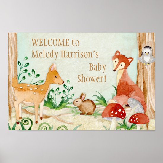 Woodland Creatures Animals Deer Fox Rabbit Owl Art Poster