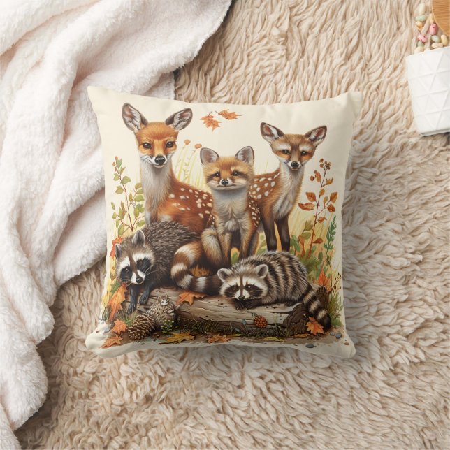 Woodland Creatures, Autumn Fall Throw Pillow (Blanket)