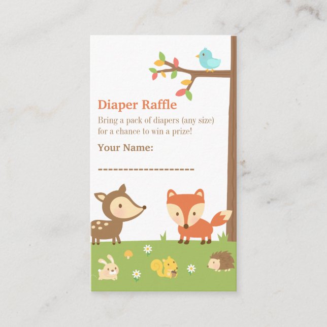 Woodland Creatures Baby Shower Diaper Raffle Enclosure Card (Front)