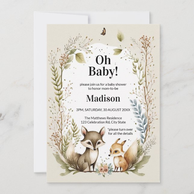 Woodland Creatures Baby Shower Invite Watercolor (Front)