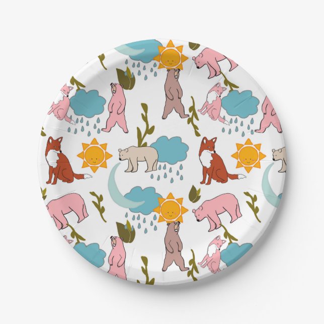 Woodland Creatures - Bear and Fox Paper Plates (Front)