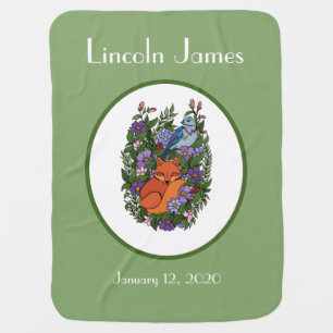 Woodland Creatures, Bird & Red Fox, Personalized Baby Blanket