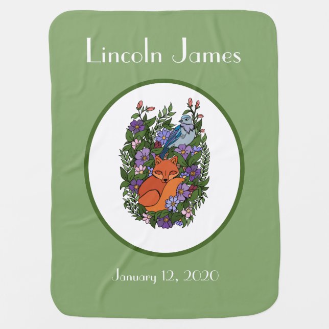 Woodland Creatures, Bird & Red Fox, Personalized Baby Blanket (Front)