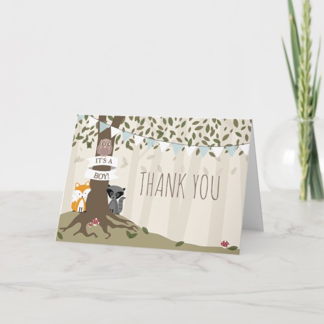 Woodland Creatures Boy Baby Shower Thank You Card (Front)