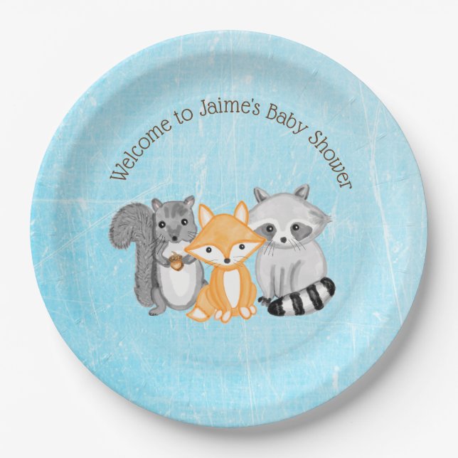 Woodland Creatures Boy''s Baby Shower  Paper Plates (Front)