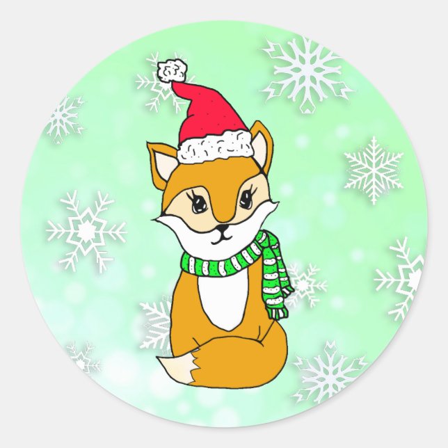 Woodland Creatures Christmas Fox with Santa hat Classic Round Sticker (Front)