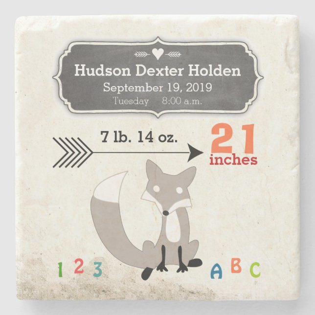 Woodland Creatures Fox Baby Stats Keepsake Stone Coaster (Front)