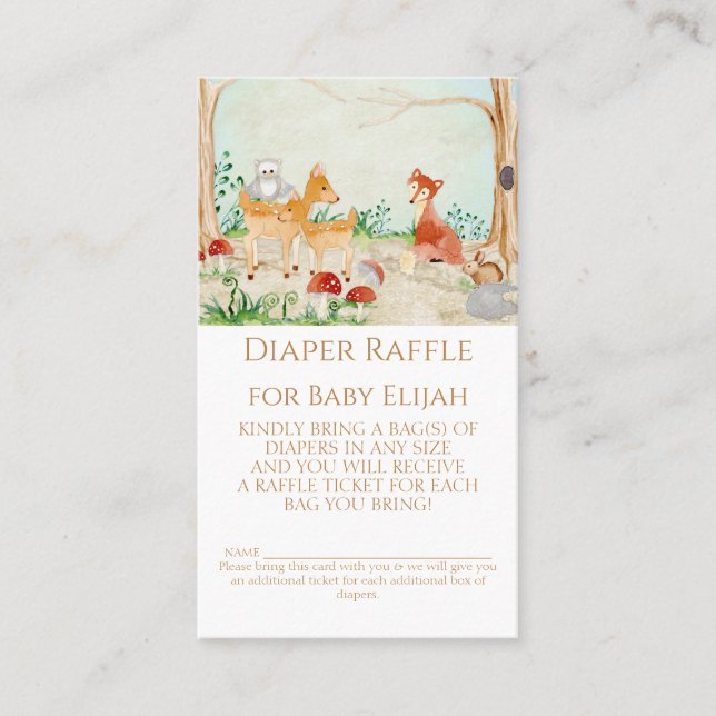 Woodland Creatures Fox Deer Diaper Raffle Rustic  Business Card (Front)